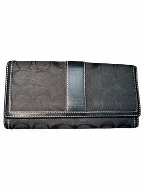 Vintage Y2K 2000’S COACH Black Signature Jacquard Fabric Leather Trifold Wallet